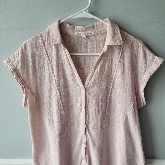 Mesh + Lace Short Sleeve Light Pink Gauze Button Down High Low Top Sz Medium - Picture 3 of 16
